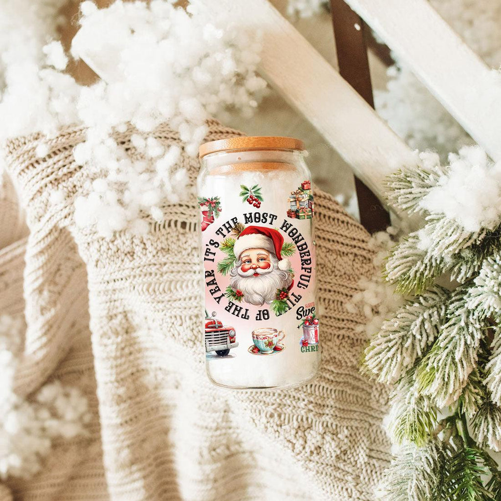 Vintage Christmas Can Cup — 17 oz Glass with Bamboo Lid