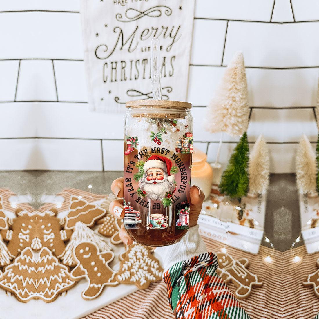 Vintage Christmas Can Cup — 17 oz Glass with Bamboo Lid