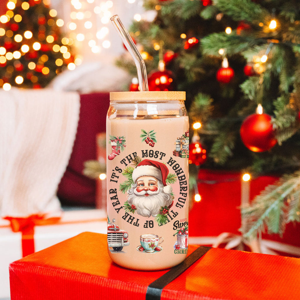 Vintage Christmas Can Cup — 17 oz Glass with Bamboo Lid