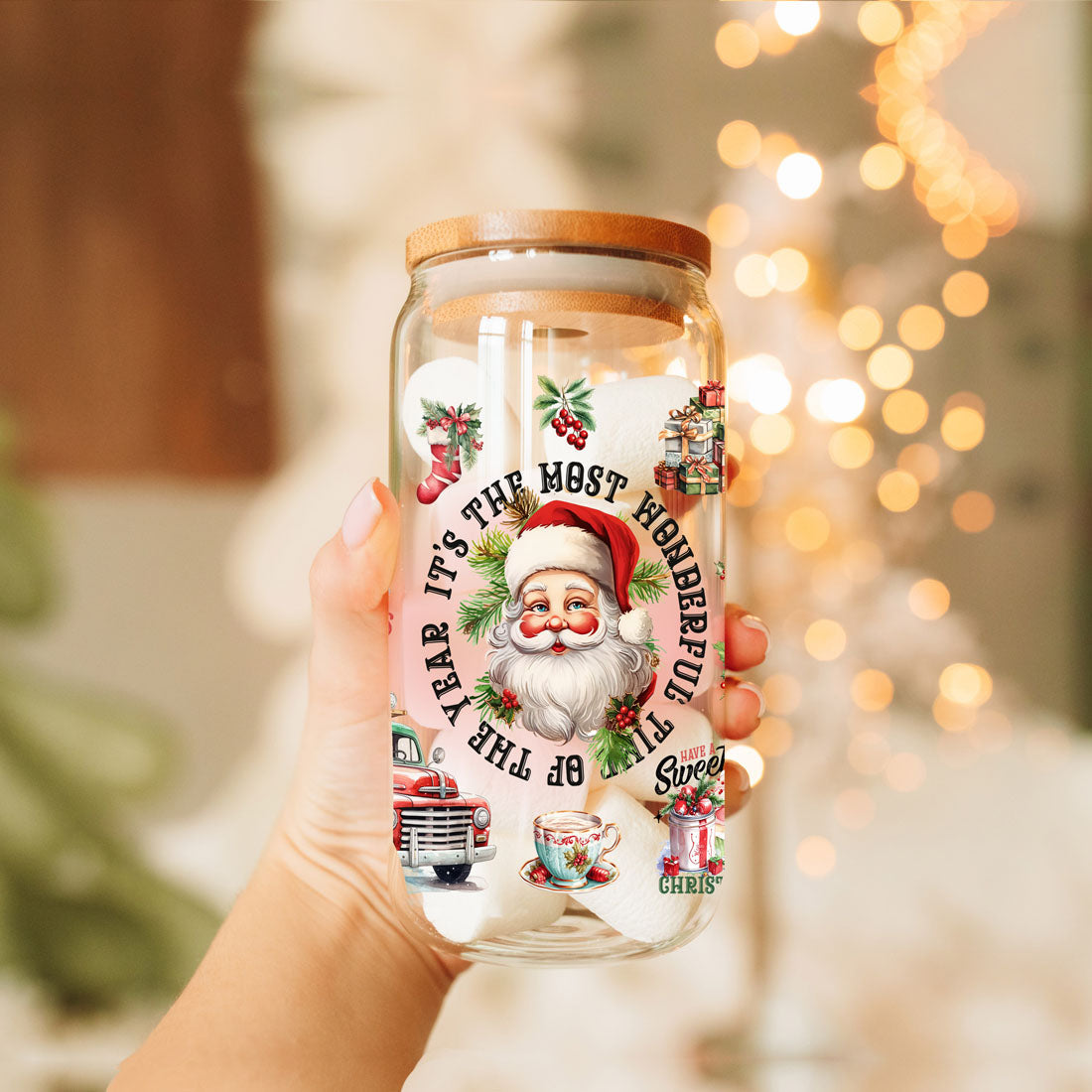Vintage Christmas Can Cup — 17 oz Glass with Bamboo Lid