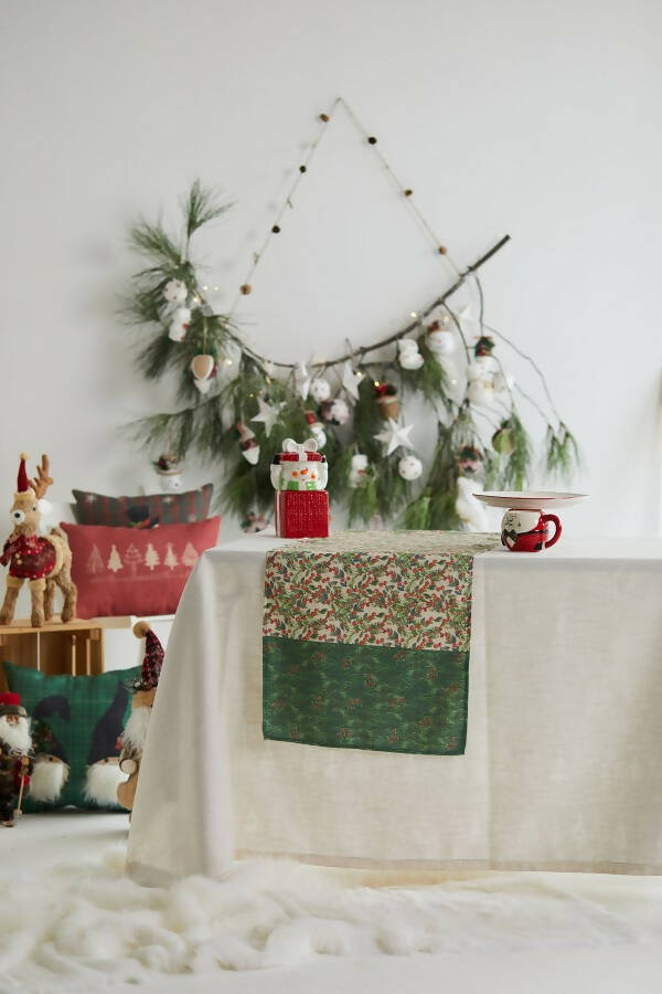 Holiday Runner with Green and Red Holly Berry and Greenery Motif