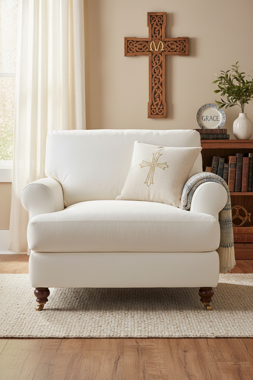 Comfy deep single seat sofa upholstered reading armchair living room chair white chenille, 1 toss pillow