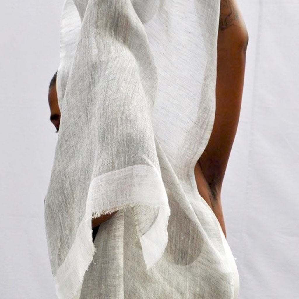 Handwoven 100% Linen Scarf | Eyelash Fringe | Handmade in Ethiopia | 79" x 17" | French Gray, Aqua, Flax & Blush | Slate + Salt