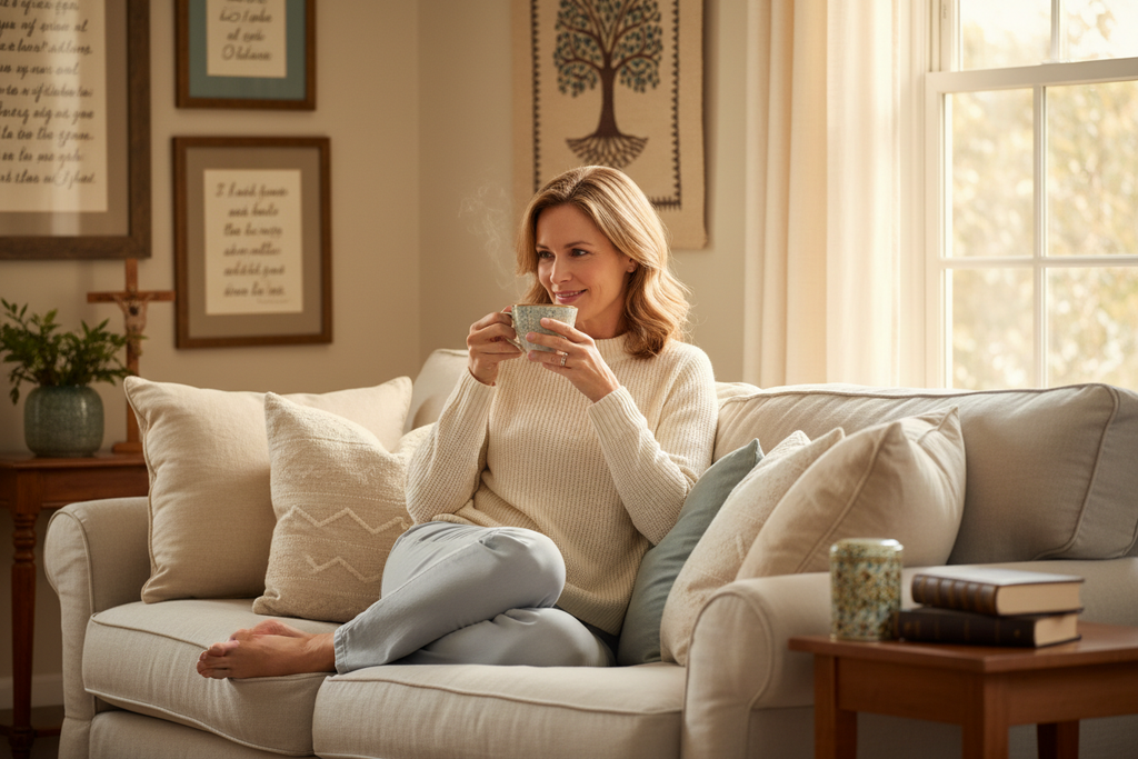 Woman Sipping Tea in Living Room