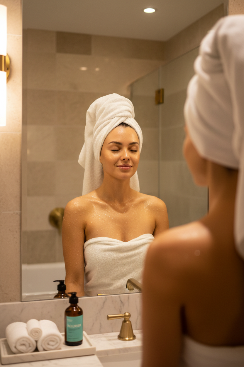 Woman with Glowing Skin and Aqua Label Body Oil