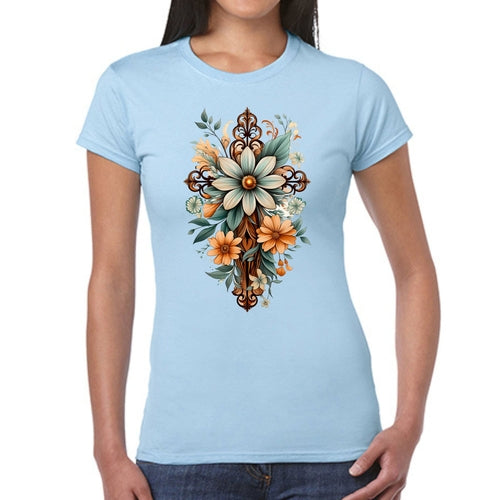 Womens Graphic T-shirt - Christian Cross Floral Bouquet Green and