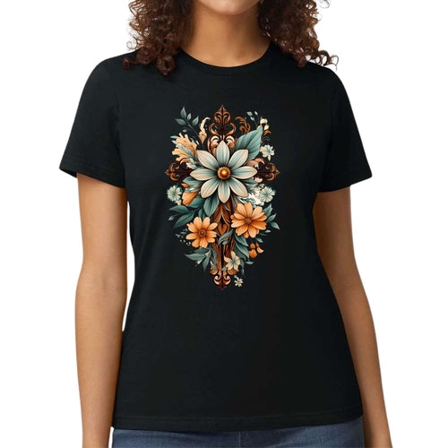 Womens Graphic T-shirt - Christian Cross Floral Bouquet Green and