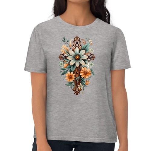 Womens Graphic T-shirt - Christian Cross Floral Bouquet Green and