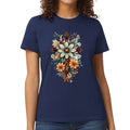 Womens Graphic T-shirt - Christian Cross Floral Bouquet Green and
