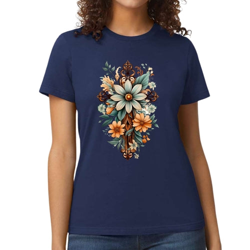 Womens Graphic T-shirt - Christian Cross Floral Bouquet Green and
