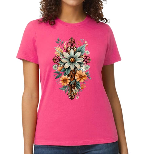 Womens Graphic T-shirt - Christian Cross Floral Bouquet Green and