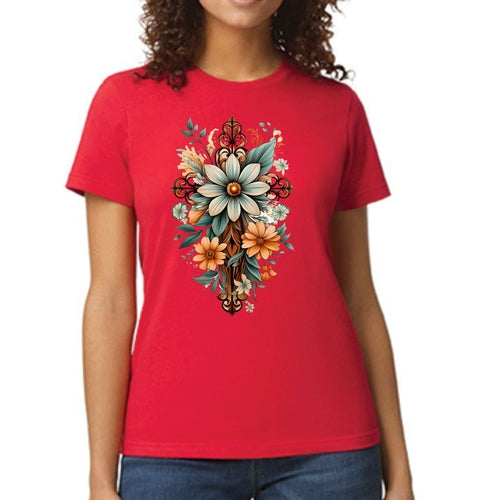 Womens Graphic T-shirt - Christian Cross Floral Bouquet Green and