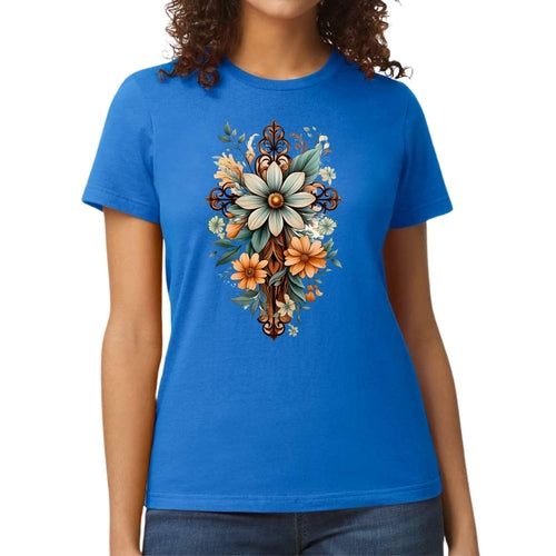 Womens Graphic T-shirt - Christian Cross Floral Bouquet Green and