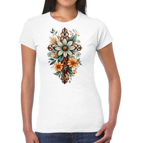 Womens Graphic T-shirt - Christian Cross Floral Bouquet Green and