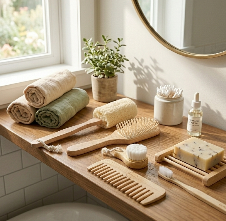 Zero-Waste Bamboo Bath Accessories Bundle | 6-Piece Set | Bath Brush, Comb, Loofah, Soap Dish, Toothbrush & Facial Brush
