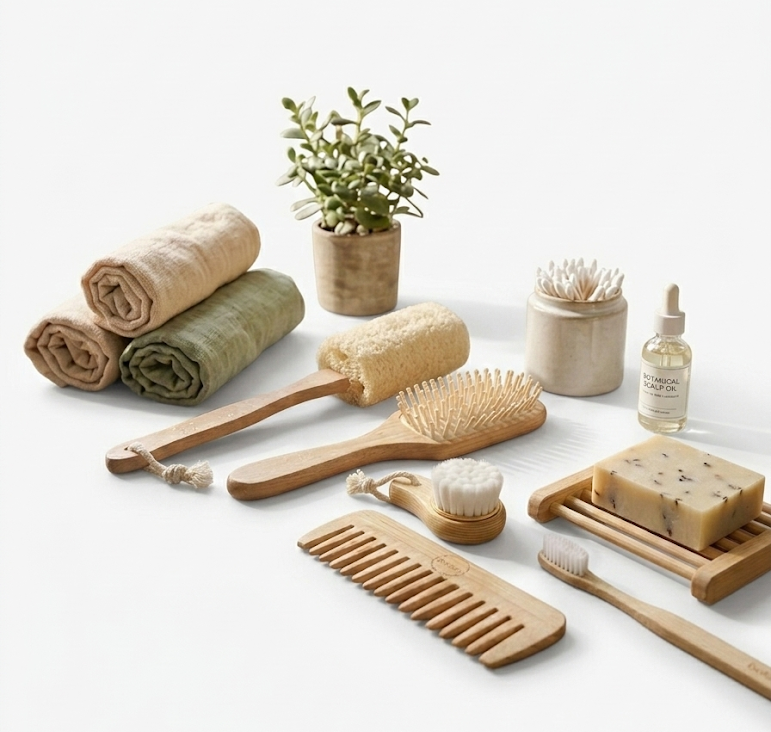 Zero-Waste Bamboo Bath Accessories Bundle | 6-Piece Set | Bath Brush, Comb, Loofah, Soap Dish, Toothbrush & Facial Brush